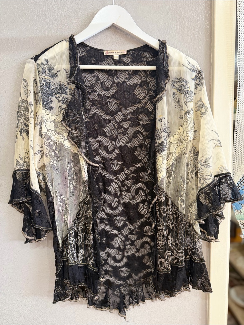 Lace Overlay Sheer Tunic Cardigan - Black & Cream